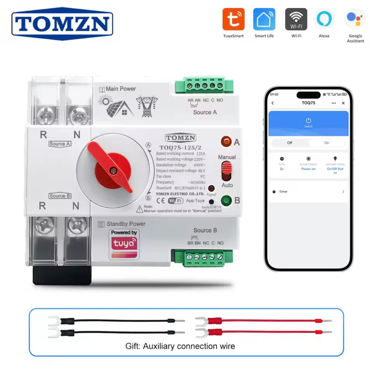 TOMZN TOQ7s 125A 2P automatic transfer switch terminal ports for grid and solar inverter connection.