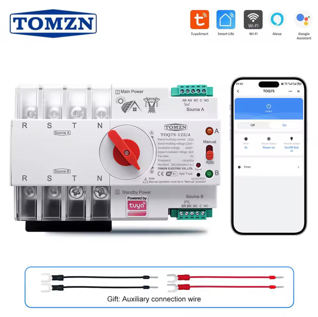 TOMZN 4-Pole 4P WiFi Smart Automatic Transfer Switch 125A for three phase