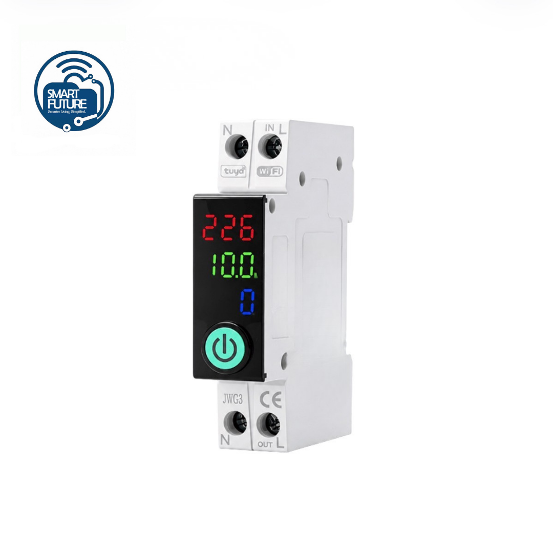 Smart WiFi circuit breaker with LCD display showing voltage and current
