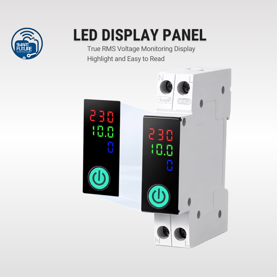 Close-up of smart breaker LCD screen displaying amperage, voltage, and on/off status