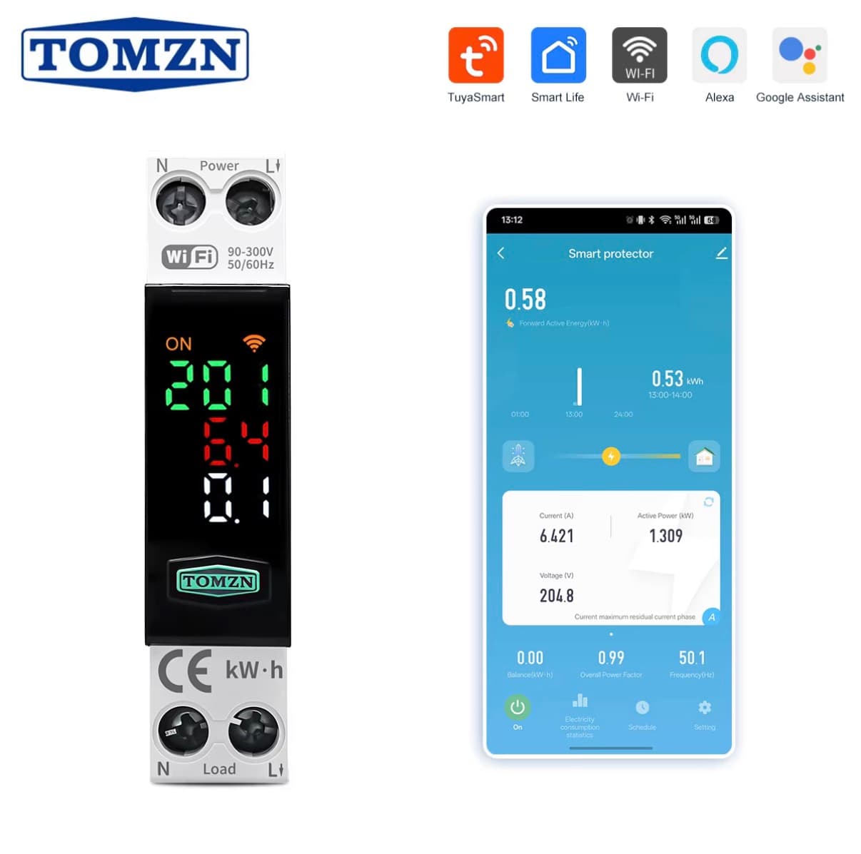 TOMZN TOB9SD-VAP Smart Wi-Fi Energy Meter with Digital Display and Tuya App Control