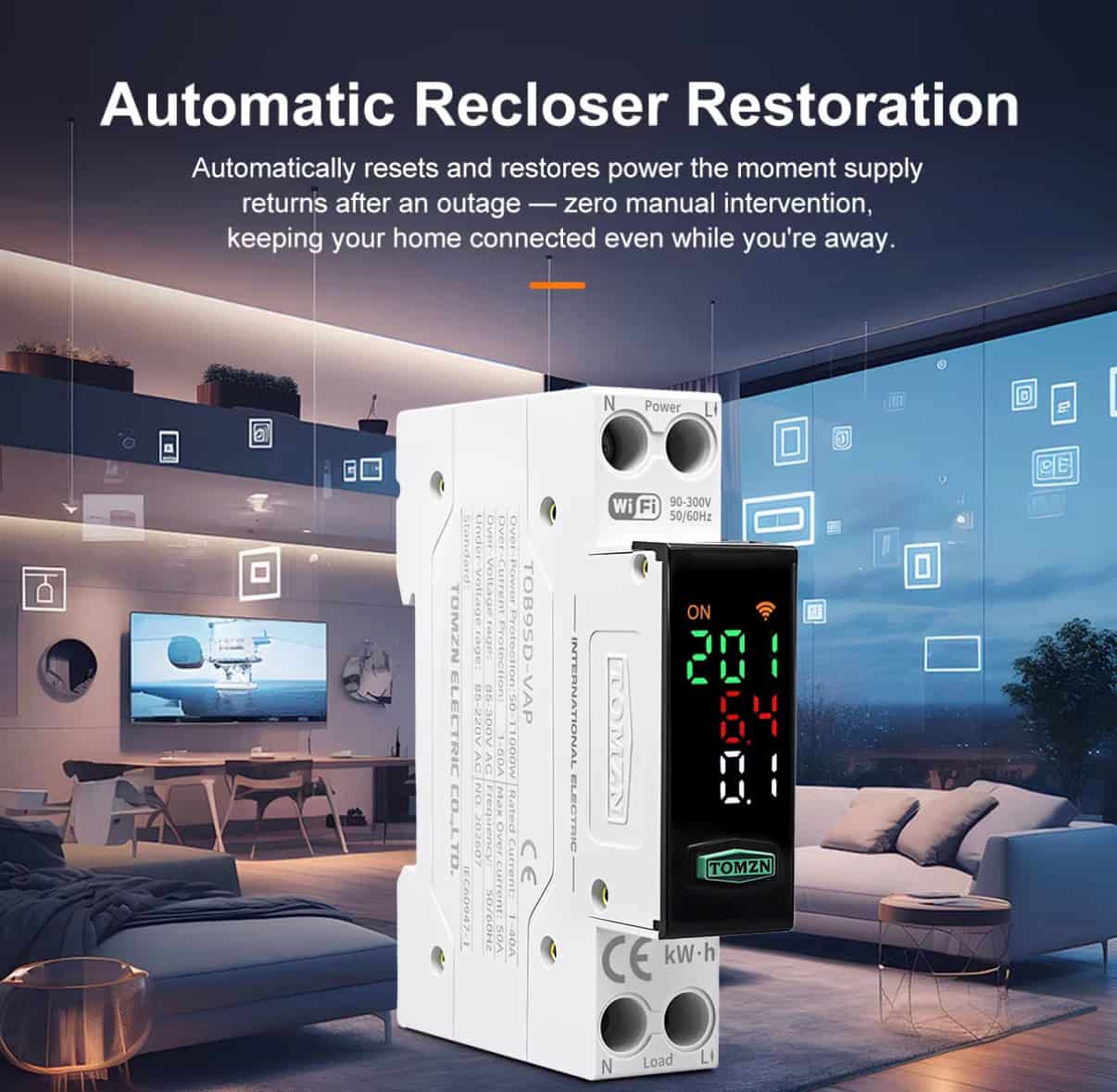 TOMZN Smart Wi-Fi Circuit Breaker with Automatic Recloser Restoration and Digital Display