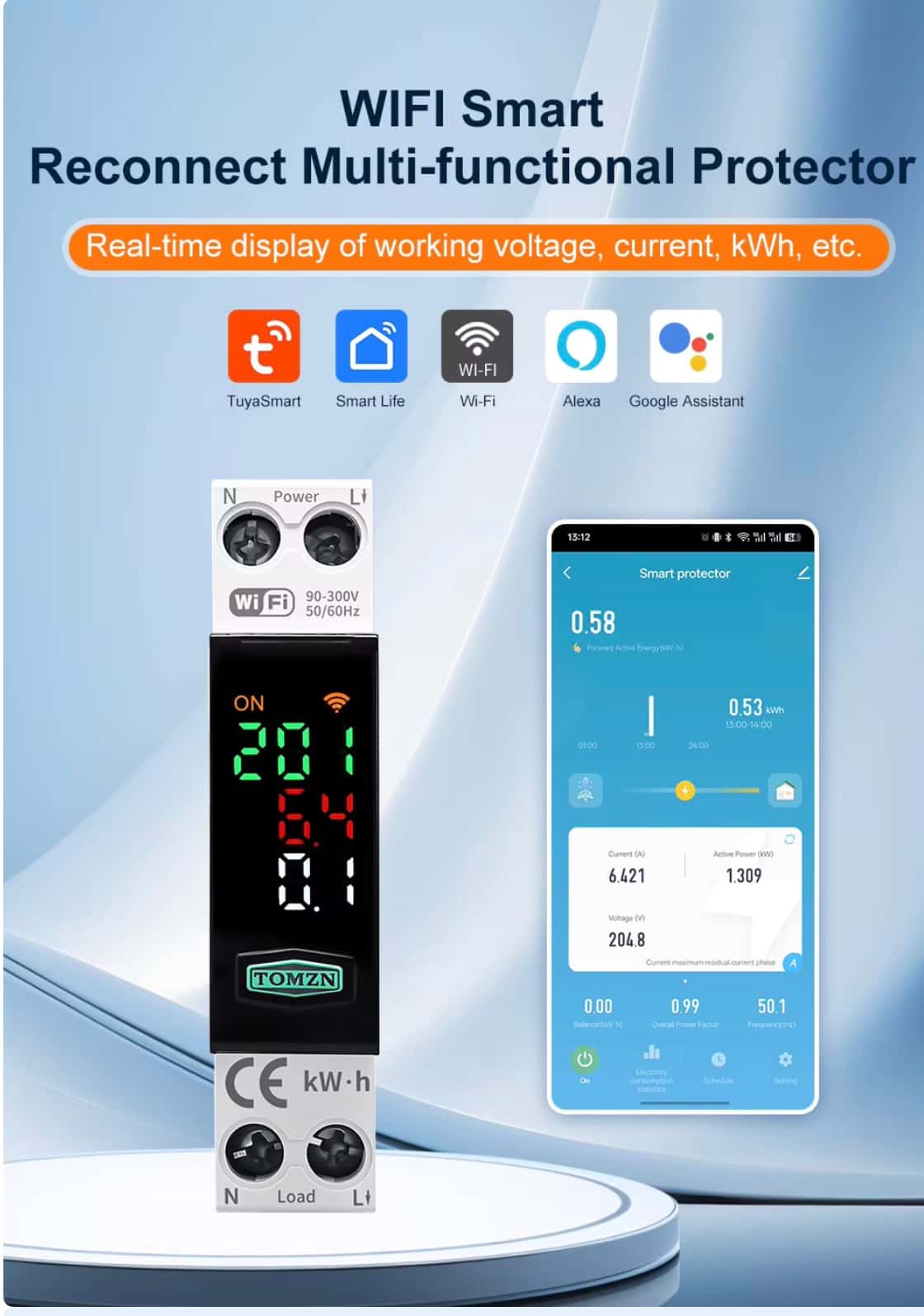 TOMZN WiFi Smart Reconnect Multi-functional Protector with real-time digital voltage, current, and kWh display